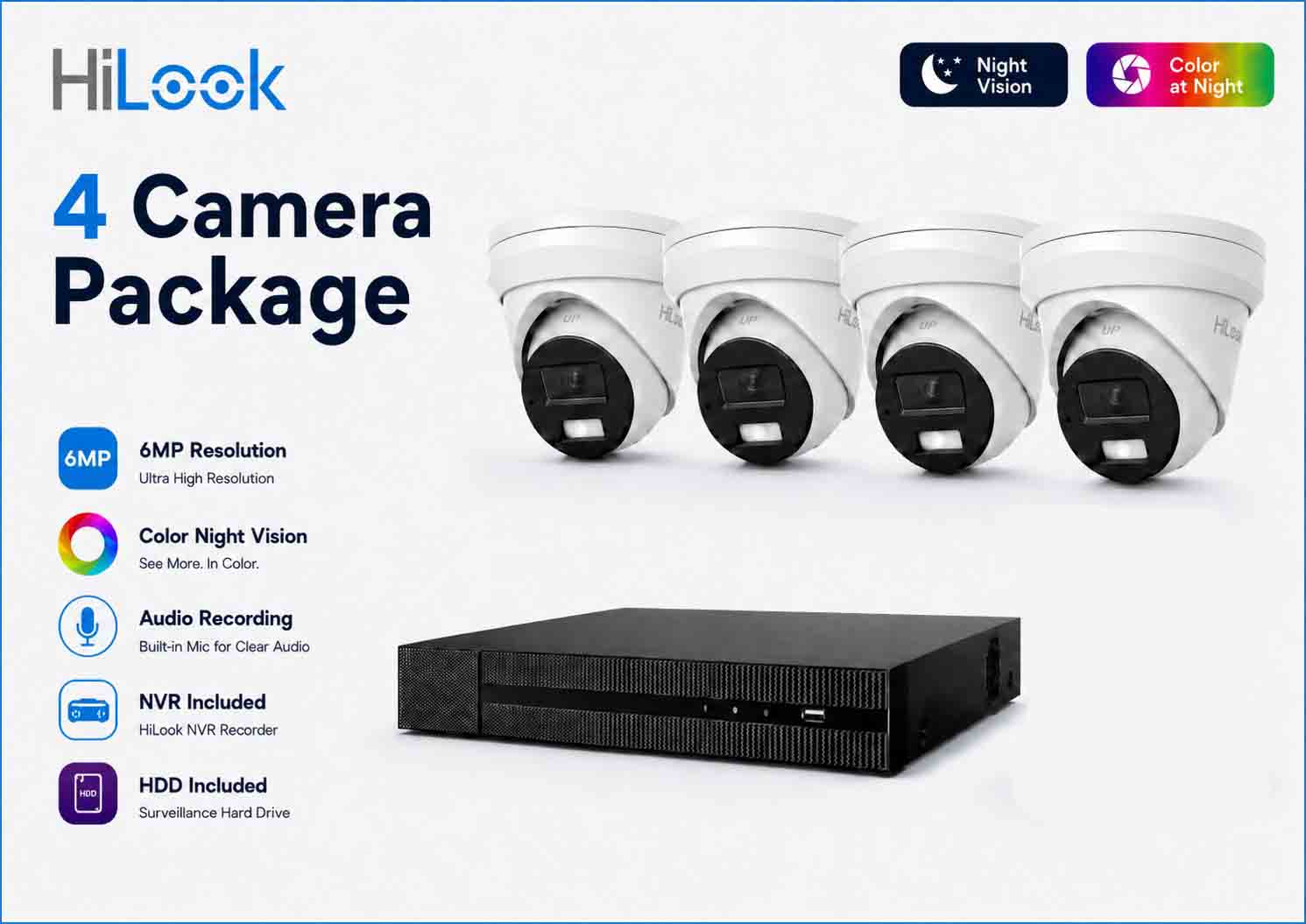 HiLook Hikvision 6MP Pro Series CCTV Kit – 4x Turret IPC-T363H-MU