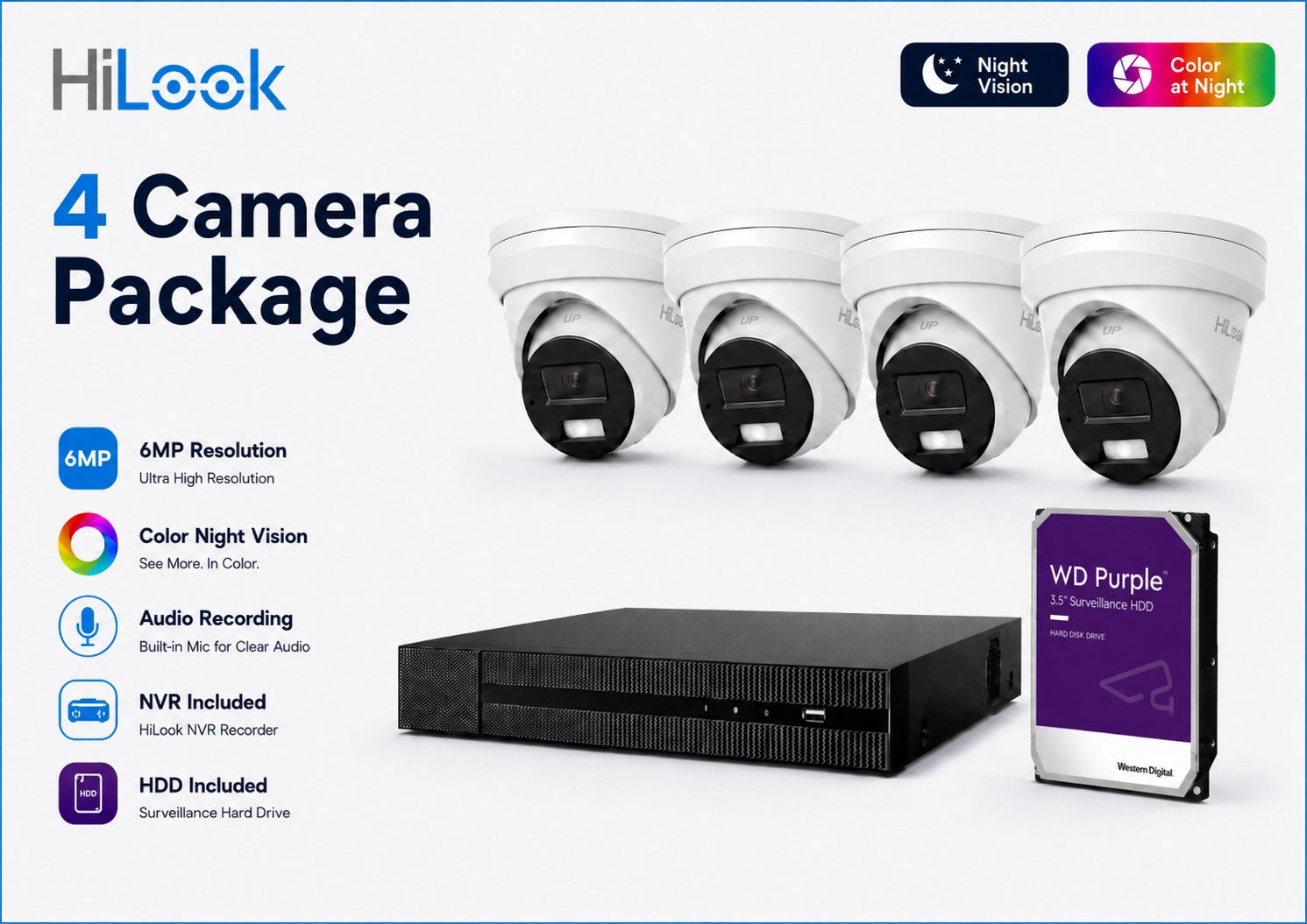 HiLook Hikvision 6MP Pro Series CCTV Kit – 4x Turret IPC-T363H-MU
