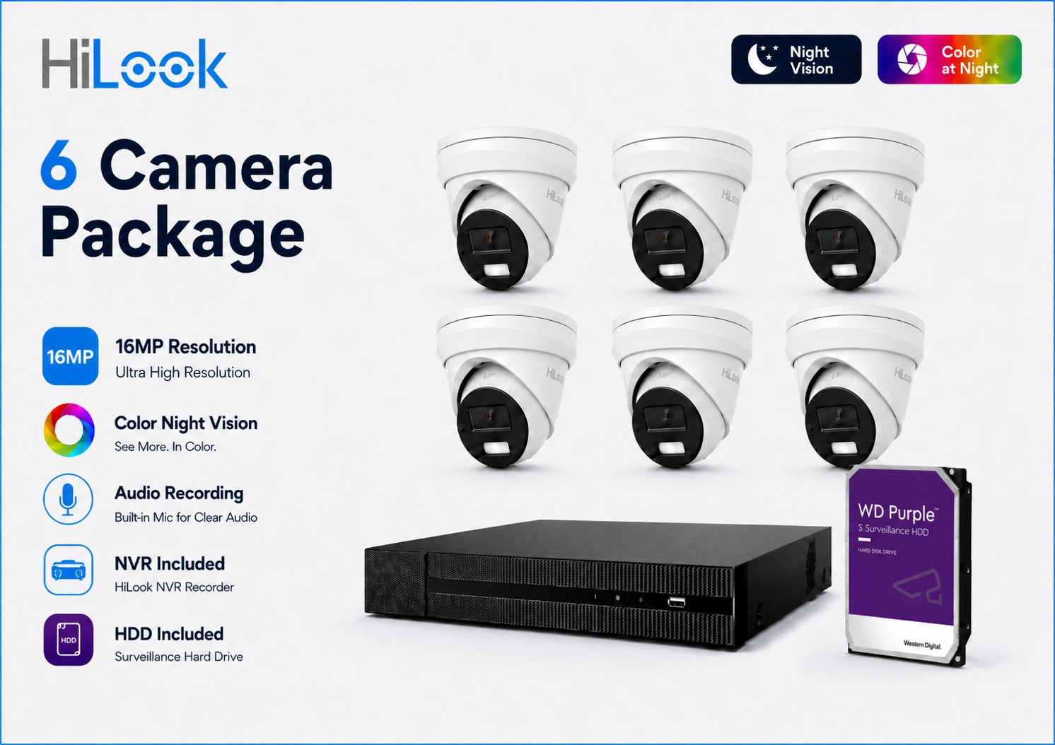 HiLook Hikvision 6MP Pro Series CCTV Kit – 6x Turret IPC-T363H-MU