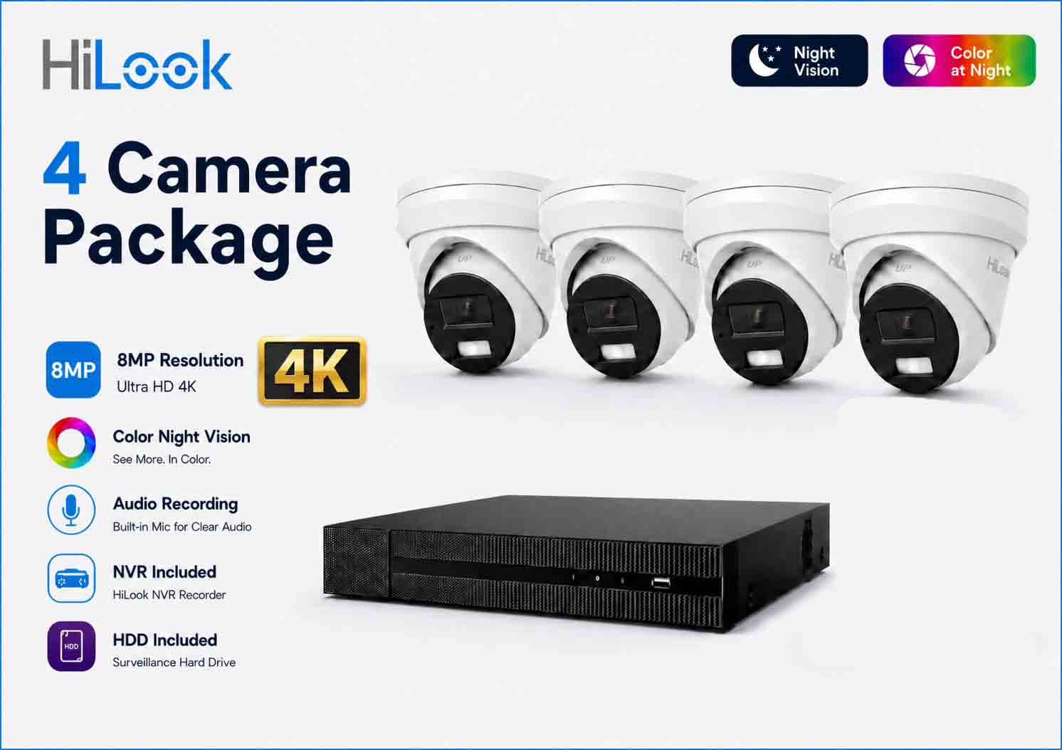 HiLook Hikvision 8MP Pro Series CCTV Kit – 4x Turret IPC-T383H-MU