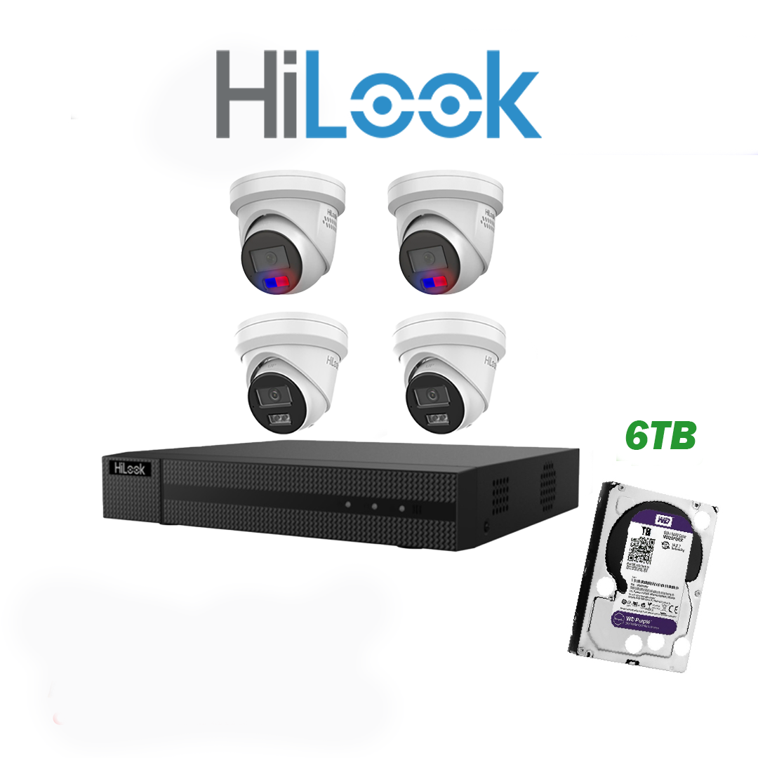 HiLook 6MP Package 4 Camera Kit with AI IntelliSense, Full-Color Built-in Audio, 4CH NVR