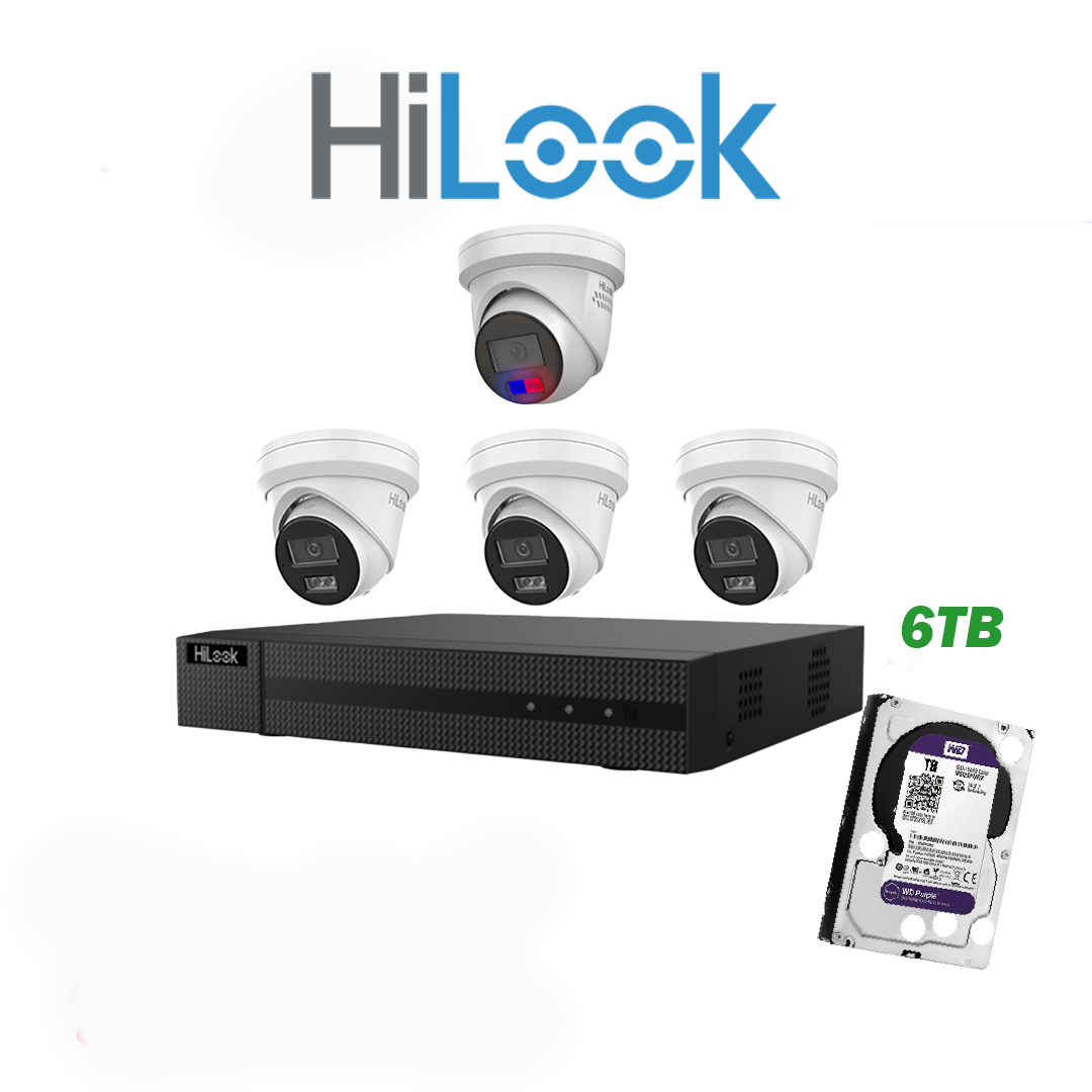 HiLook 6MP Package 4 Camera Kit with AI IntelliSense, Full-Color Built-in Audio, 4CH NVR