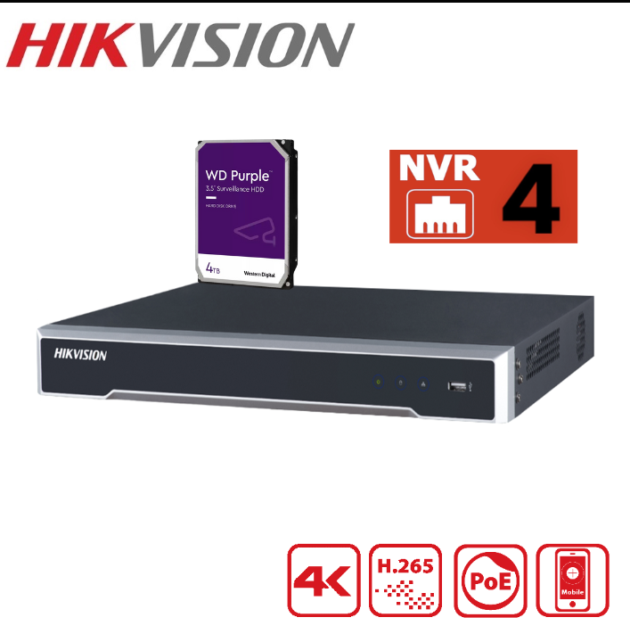 Hikvision 4K NVR 4 Channels | DS-7604NI-I1/4P(STD)/AUS With Hard Drive 4 TB