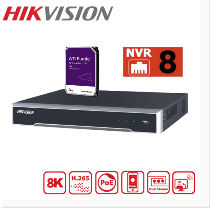 Hikvision 8K NVR 8 Channels | DS-7608NI-M2/8P(STD)/AU/PLUG With Hard Drive 4 TB