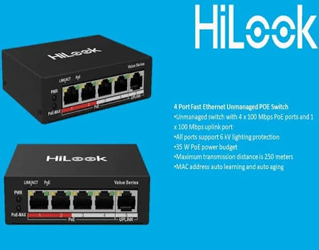 HiLook 4 Port Unmanaged PoE Switch, NS-0105P-35(B)