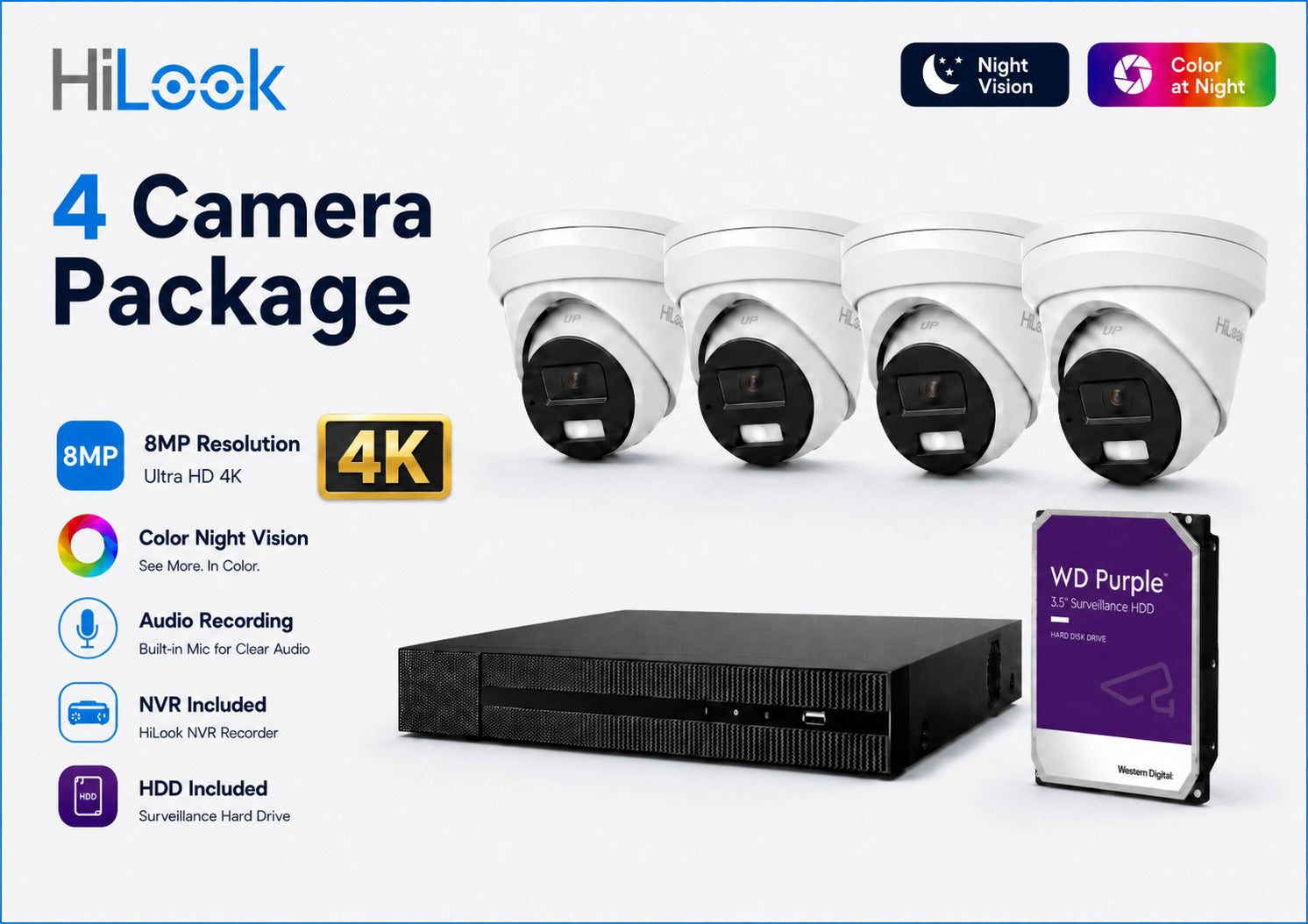 HiLook Hikvision 8MP Pro Series CCTV Kit – 4x Turret IPC-T383H-MU
