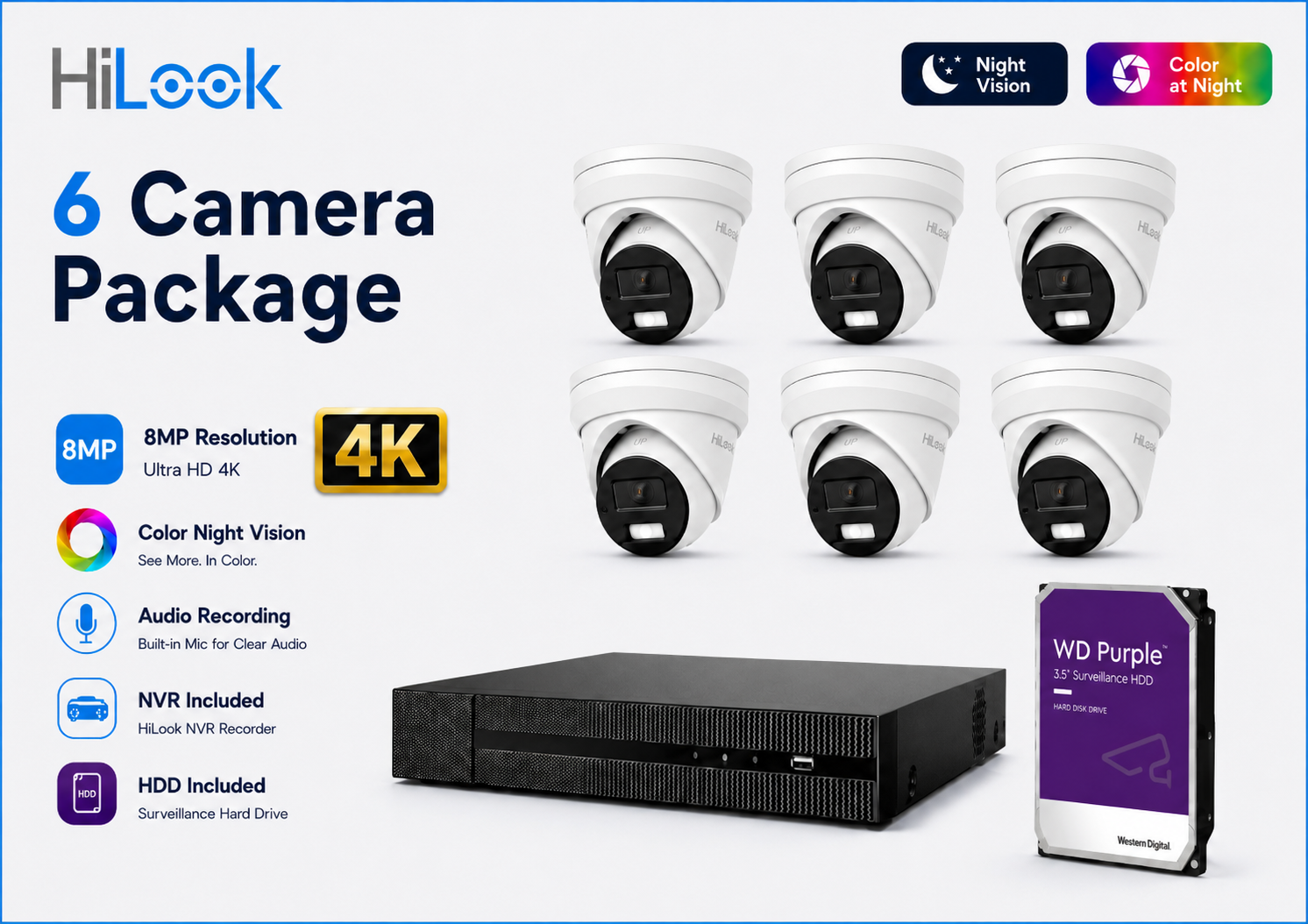 HiLook Hikvision 8MP Pro Series CCTV Kit – 6x Turret IPC-T383H-MU‌‌‌‌‌‍